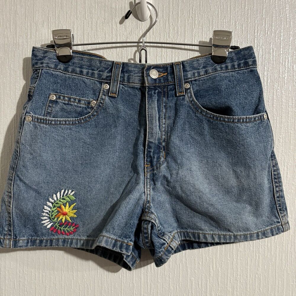 Vintage Old Navy Y2K Denim Embroidered Flower Shorts Summer Cute Women’s 6
